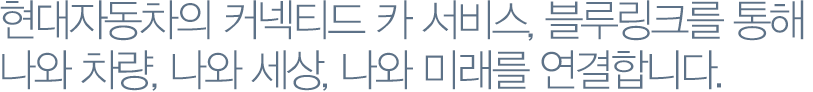 현대자동차의 커넥티드 카 서비스, 블루링크를 통해 나와 차량, 나와 세상, 나와 미래를 연결합니다.