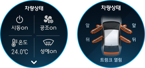 차량상태에서 시동/공조 상태, 차문 잠금/개폐 상태 확인이 가능합니다.